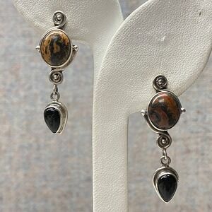 Sajen Signed 925 Sterling Silver Red Jasper Black Onyx Dangle Earrings Bohemian